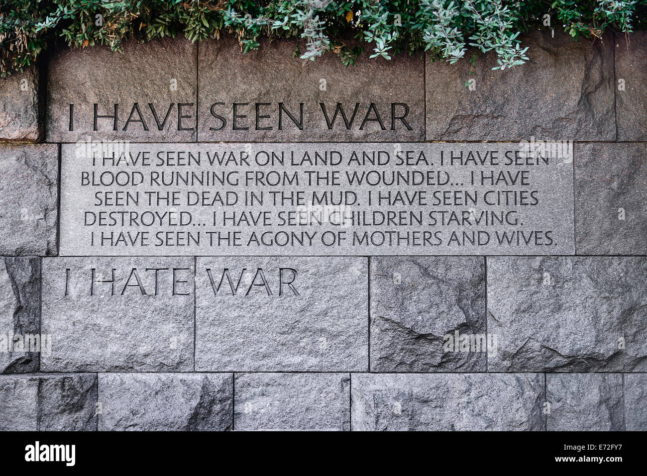 USA, Washington DC, National Mall  President Franklin Delano Roosevelt Memorial  Mural with inscription detailing the former Presidents feelings about war. Stock Photo