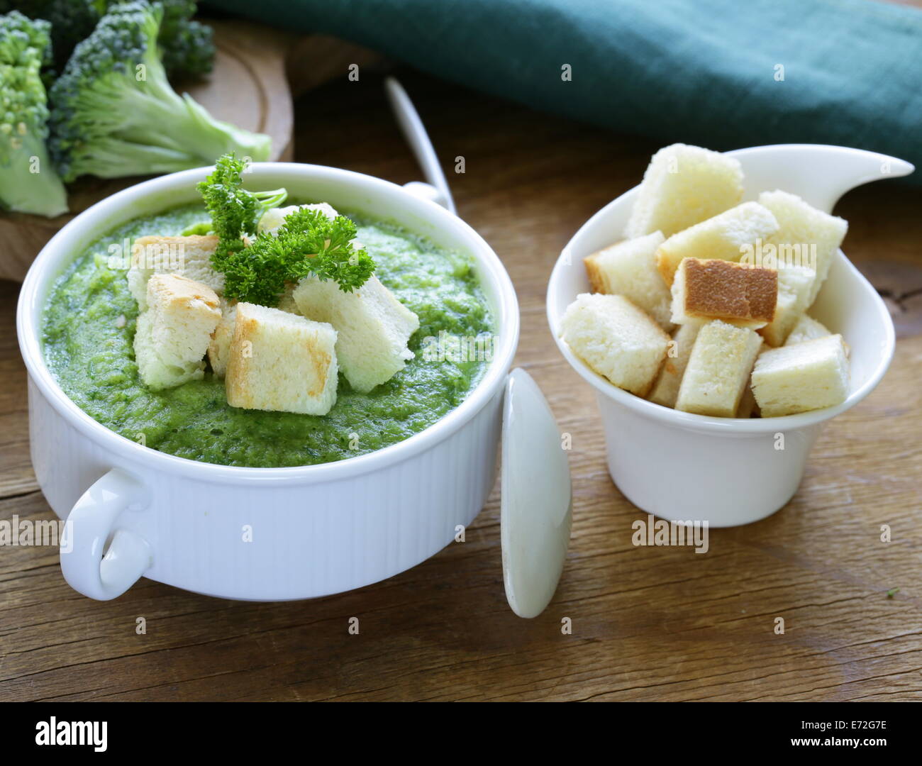 vegetable broccoli cream soup with white croutons and parsley Stock ...