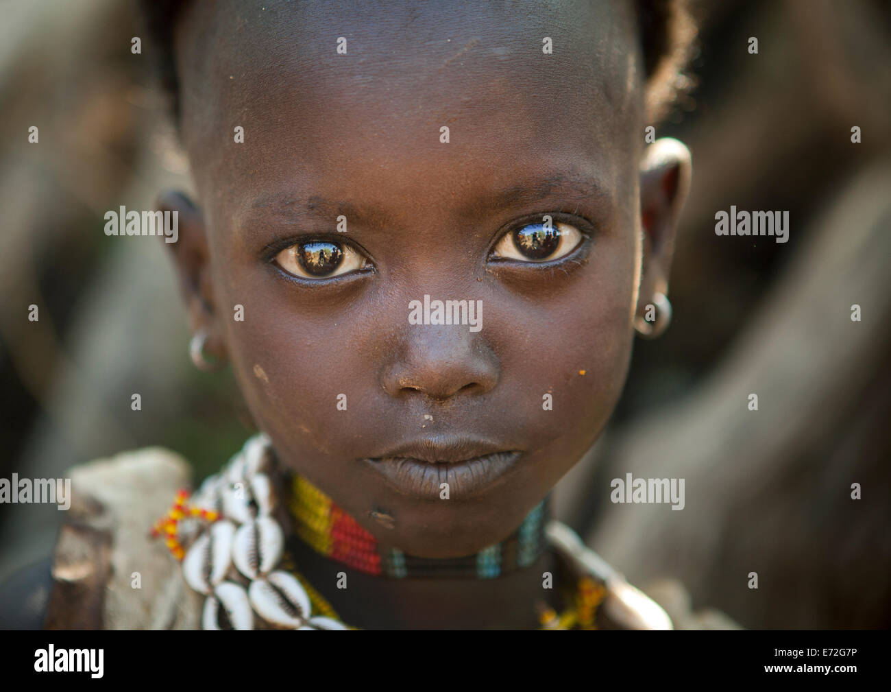Litte Hamer Girl Tribe With Head Half Shaved  In Traditional Outfit, Turmi, Omo Valley, Ethiopia Stock Photo