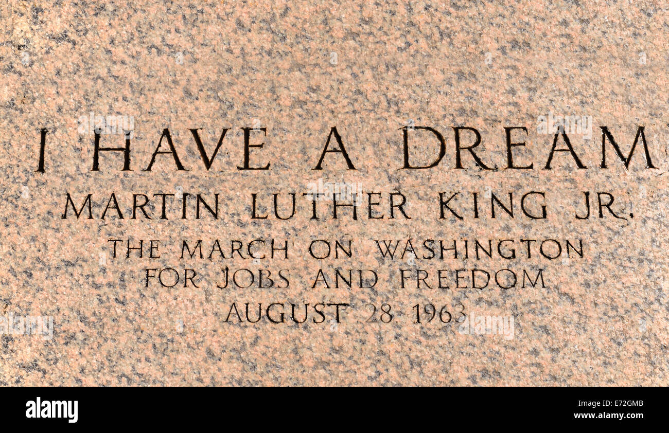 USA, Washington DC, National Mall  Lincoln Memorial  Martin Luther King march engraving in front of the peristyle commemorating his I have a dream speech during the March on Washington for Jobs and Freedom on August 28th 1963. Stock Photo