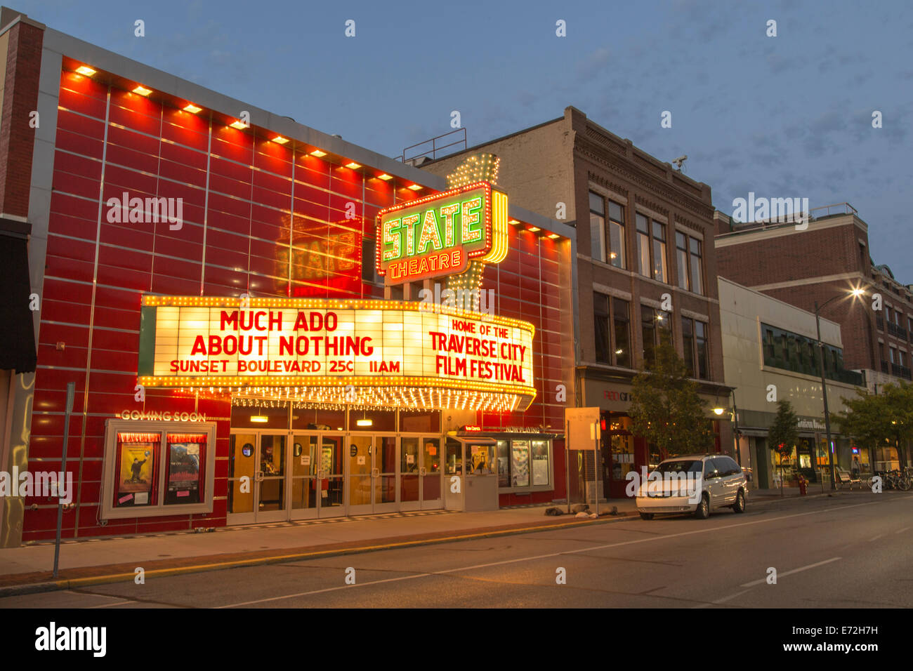 The State Theatre on Front Street at dusk in downtown Traverse City, Michigan, USA. Stock Photo