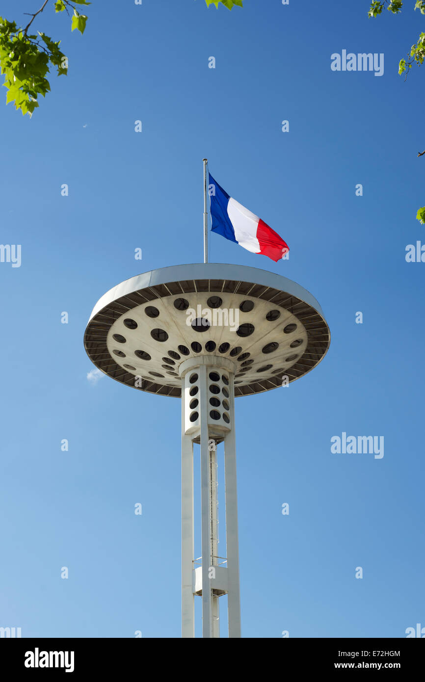 French flag flying on tower at Piscine du Rhone / swimming pool / lido on the banks of the Rhone in Lyon Stock Photo