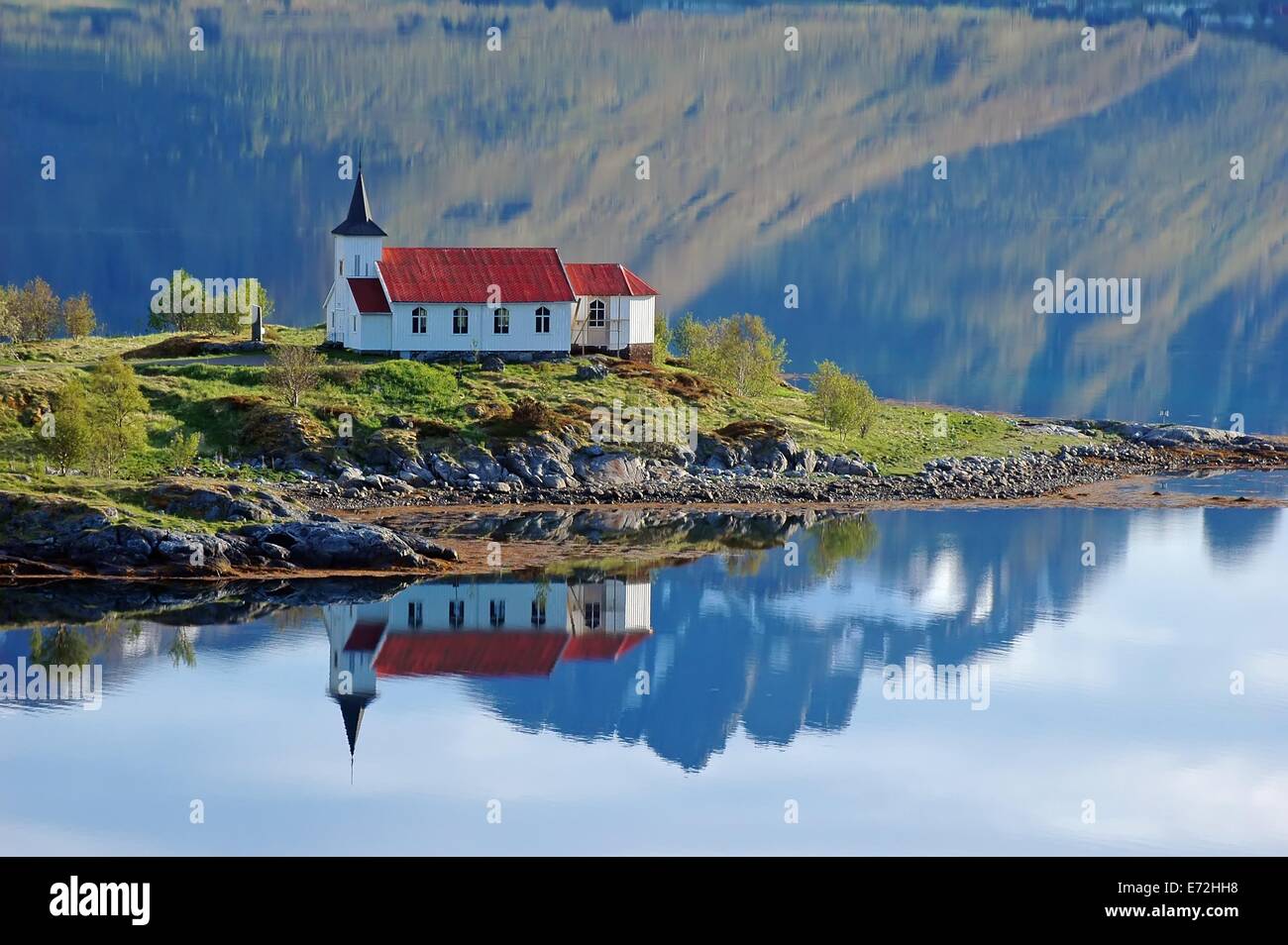 Vestpollen chapel in Austnesfjord, Lofoten Islands, Norway, Scandinavia, Europe Stock Photo