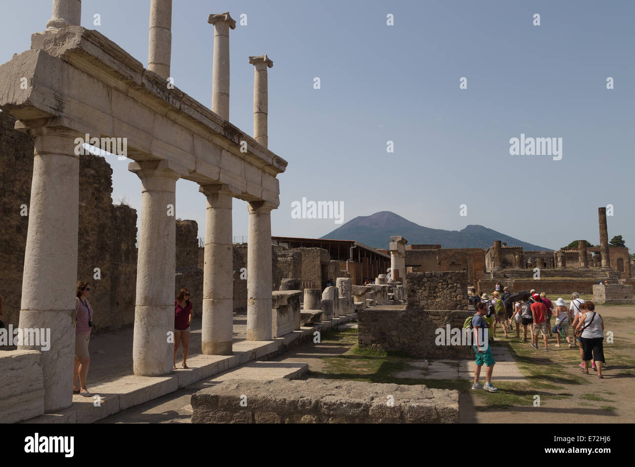 Looking towards Vesuvius in the town square in Pompei, Italy Stock Photo