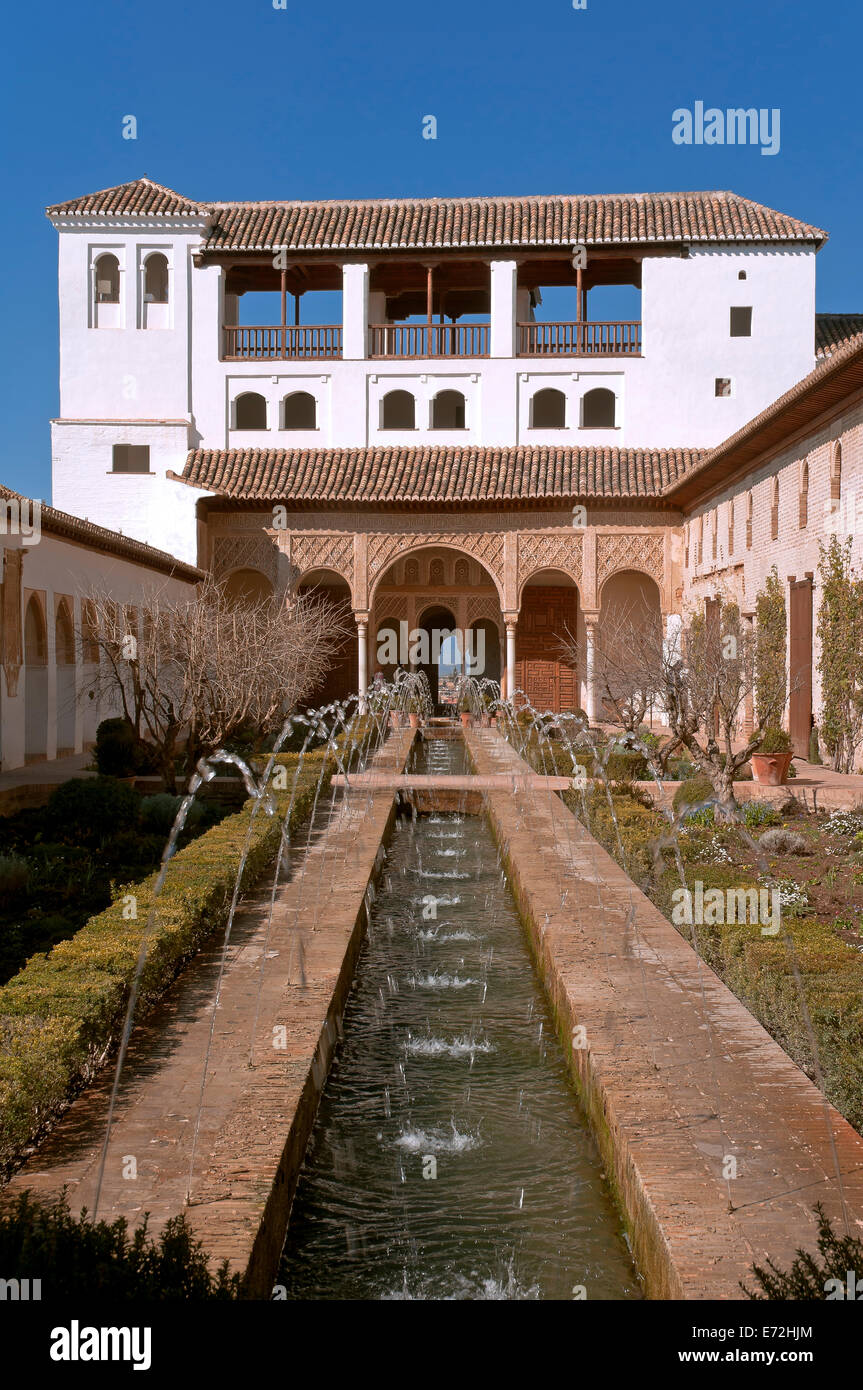 Generalife Palace and Courtyard of the Acequia, Generalife, Alhambra, Granada, Region of Andalusia, Spain, Europe Stock Photo