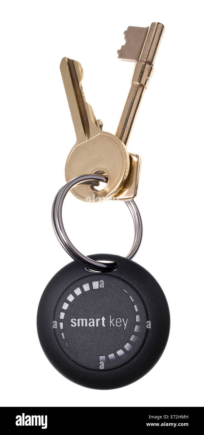 Elgato smart key fob and house keys. Connected to a smart phone application, it alerts you to where your keys are. Stock Photo