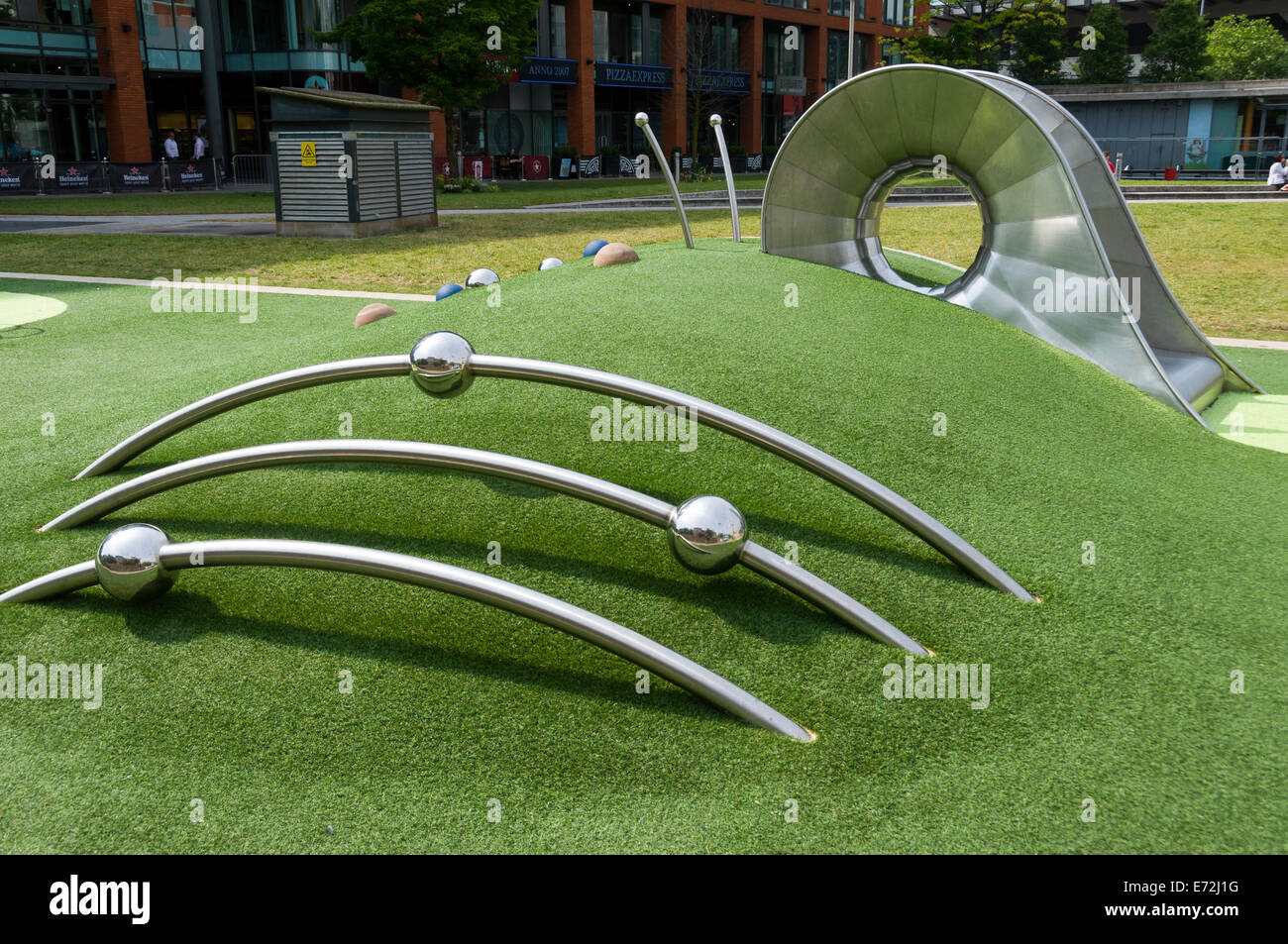 Newly installed children's playground equipment at Piccadilly Gardens