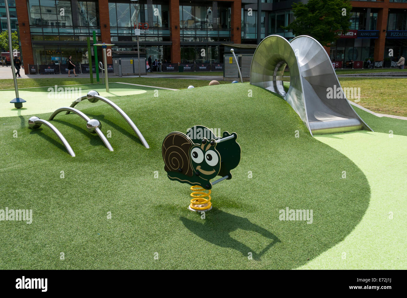 Newly installed children's playground equipment at Piccadilly Gardens