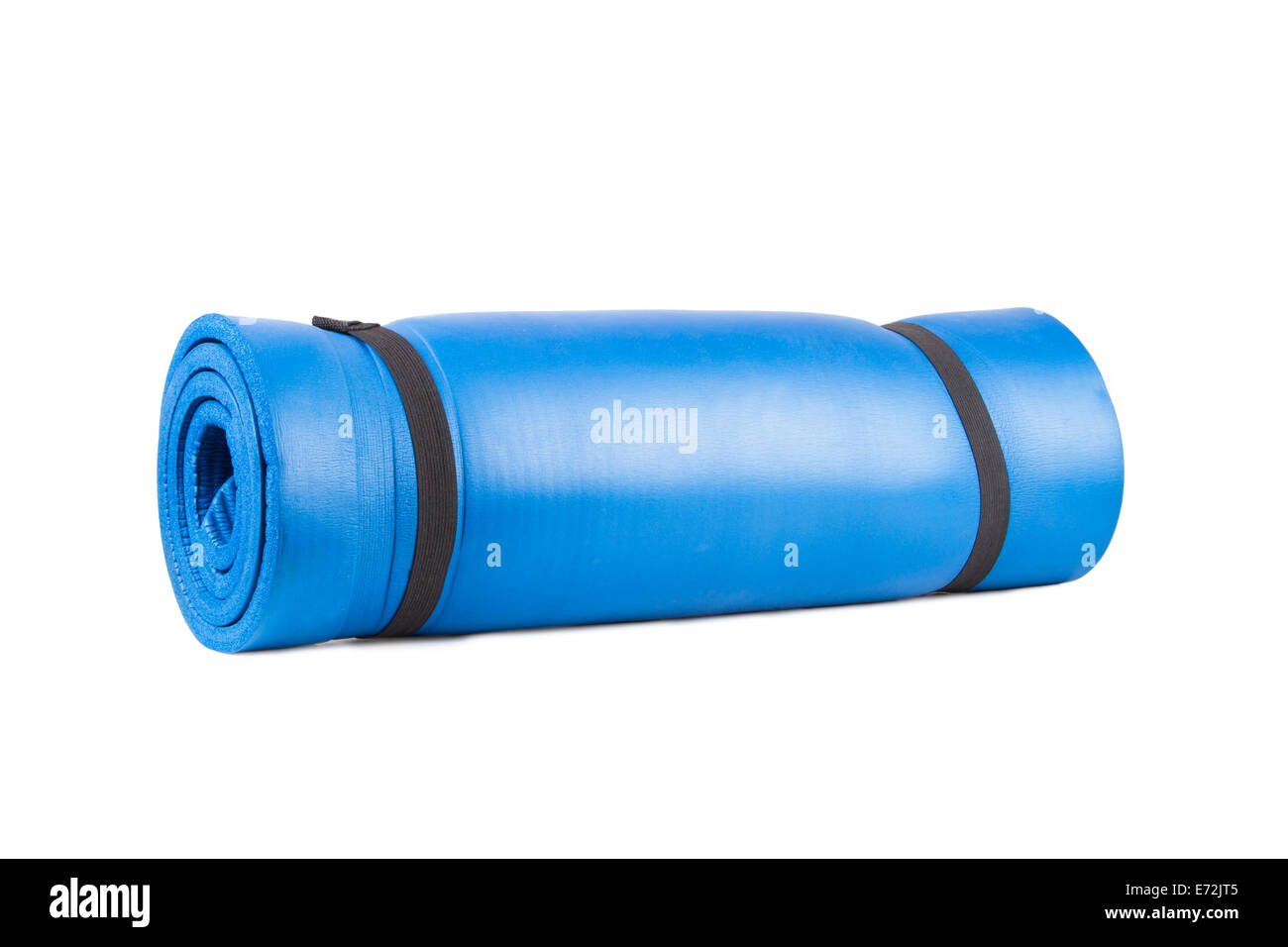 Blue yoga mat for exercise, isolated on white background Stock Photo