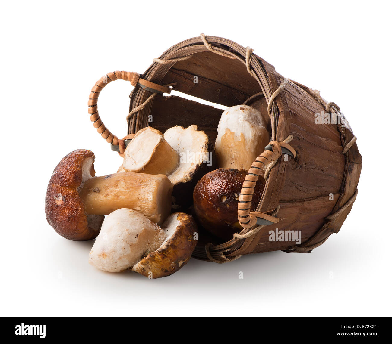 Mushrooms in a wooden basket isolated on white Stock Photo