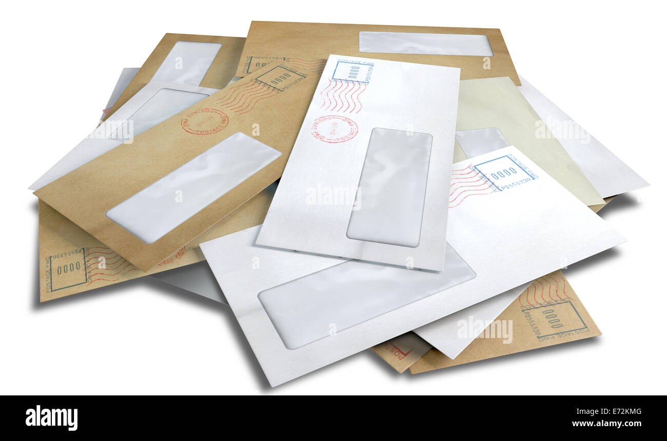 A scattered stack of regular envelopes with delivery stamps and a clear
