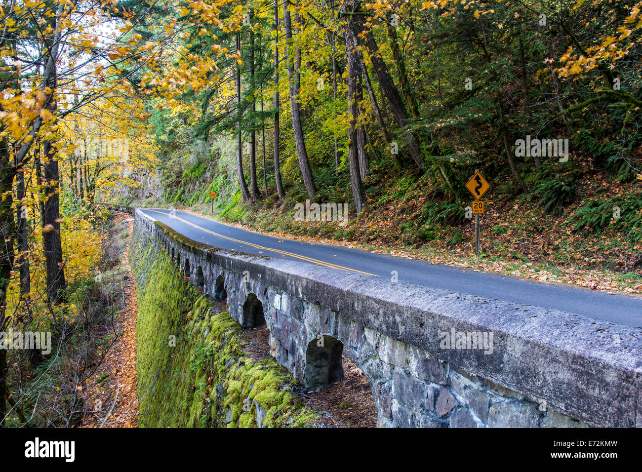 Historic Highway 30 winds through the Columbia Gorge National Scenic Area in Oregon, USA Stock 