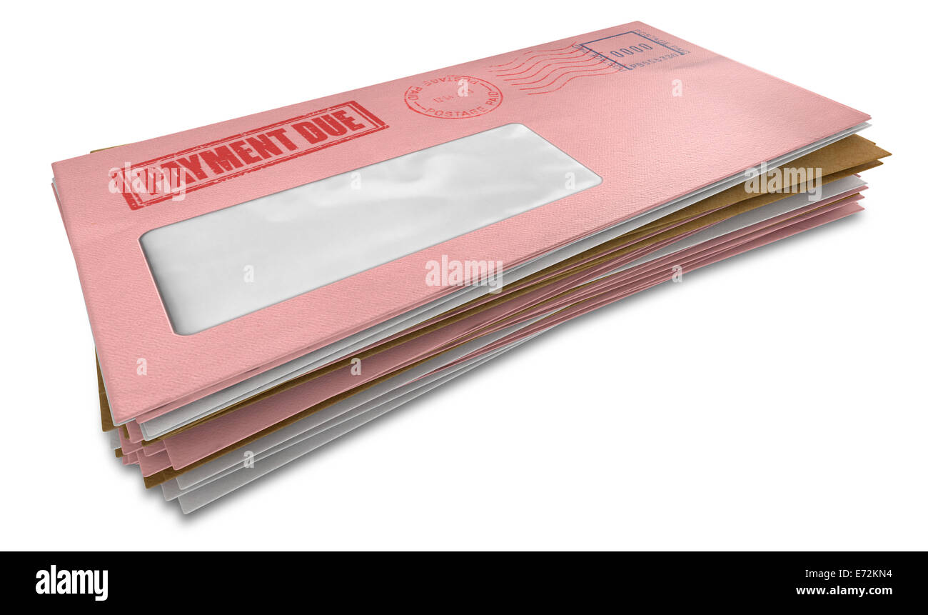 A stack of regular envelopes with delivery stamps and a clear window and the top pink one saying payment due symbolizing bills a Stock Photo