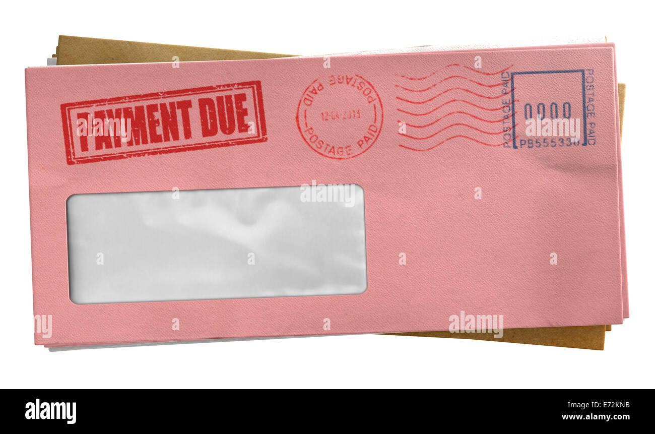 A stack of regular envelopes with delivery stamps and a clear window and the top pink one saying payment due symbolizing bills a Stock Photo