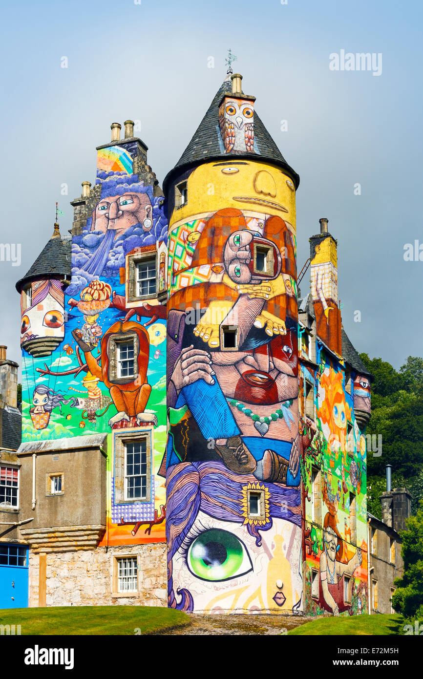 Kelburn Castle near Fairlie, Largs, Ayrshire, Scotland, a 16th century restored historic castle, painted with colourful graffiti Stock Photo