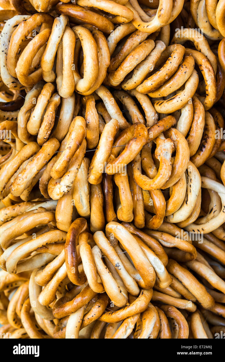Snack with fresh pretzel cookies with salt background Stock Photo
