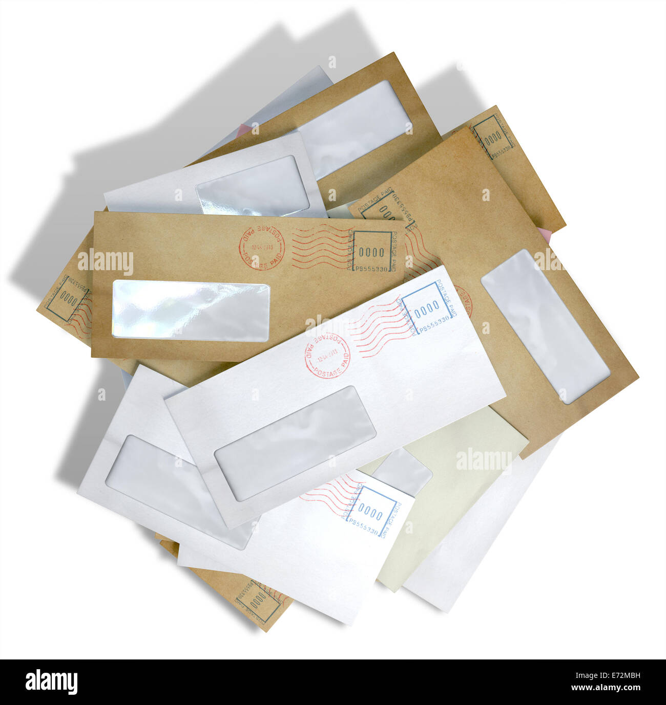 A scattered stack of regular envelopes with delivery stamps and a clear