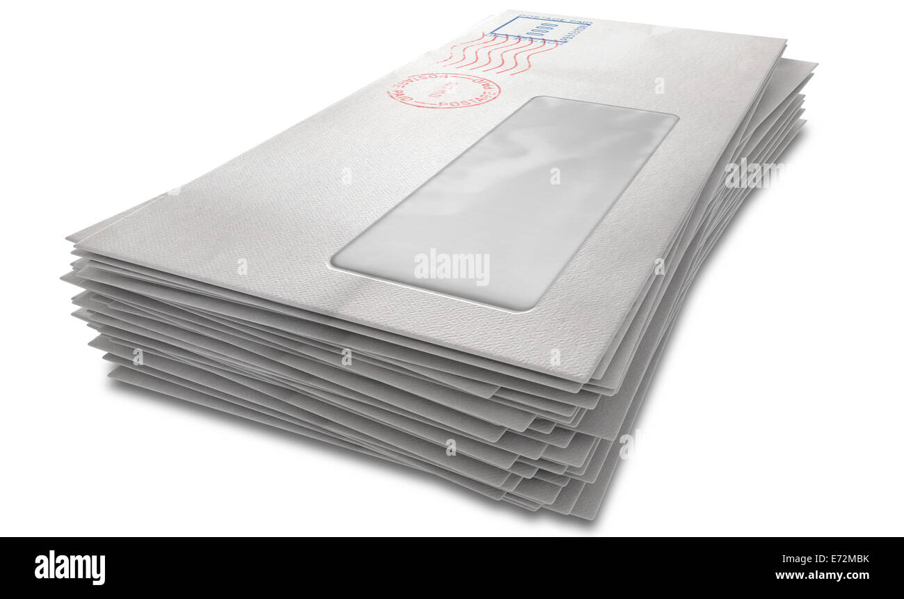 A stack of regular white envelopes with delivery stamps and a clear