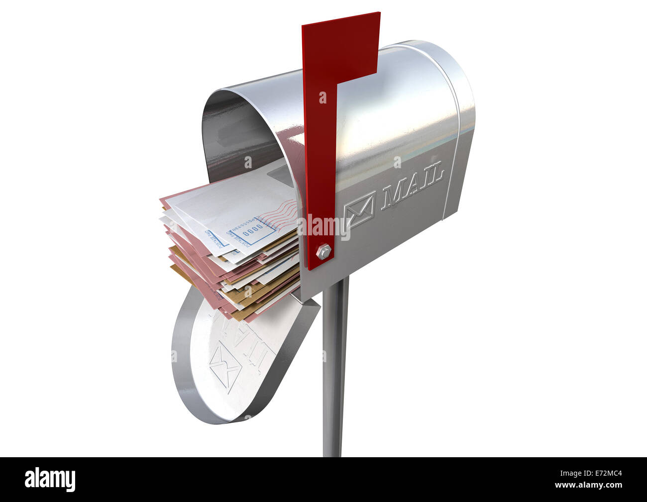 An open old school retro tin mailbox bulging with a stack of letters and envelopes crammed into it on an isolated background Stock Photo