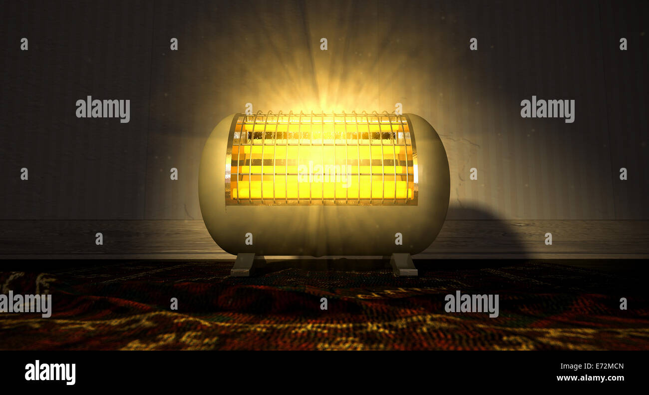 A cylindrical shaped electrical heater illuminated and radiating in an old room on a vintage red persian rug Stock Photo