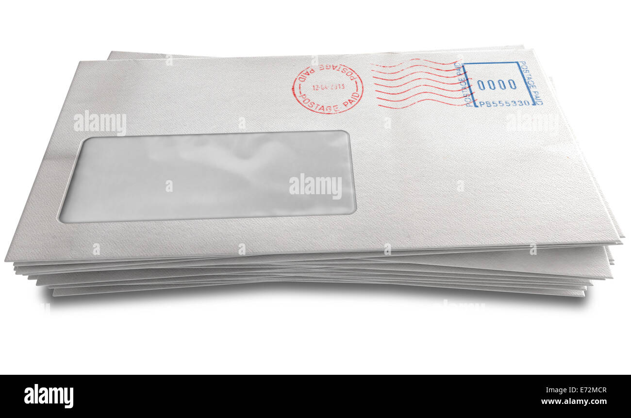 A stack of regular white envelopes with delivery stamps and a clear