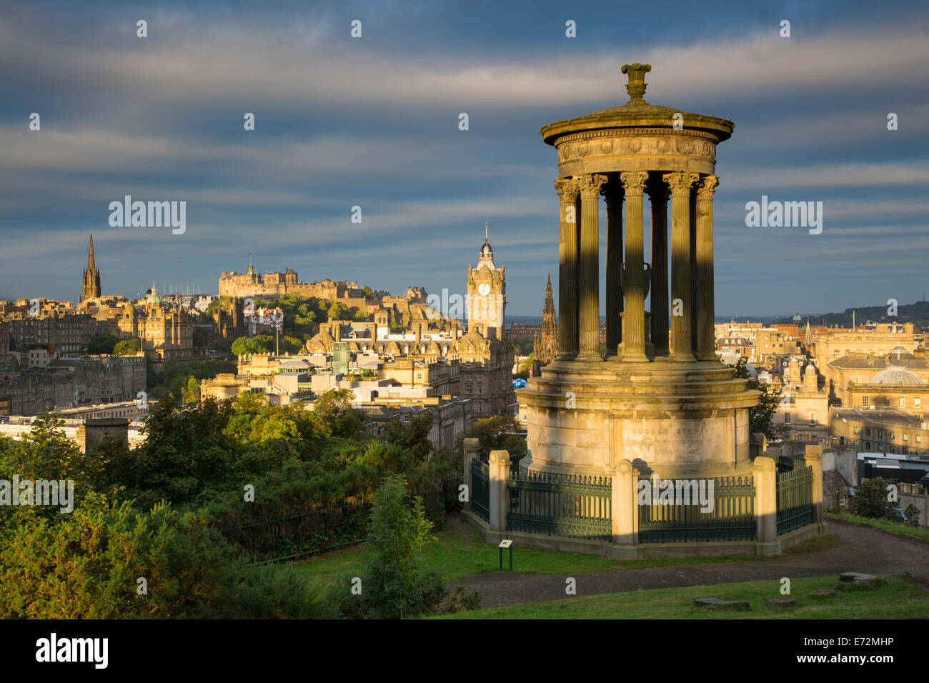 Dugald Stewart Memorial and Edinburgh dawn viewed from Calton Hill, Edinburgh, Lothian, Scotland Stock Photo