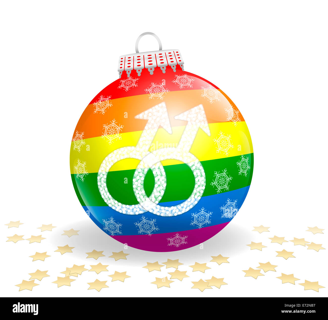 Glossy christmas ball with gay love symbol, colored with the LGBT rainbow colors. Stock Photo