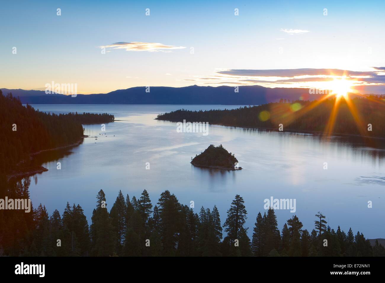 A gorgeous sunrise on a calm morning at Emerald Bay State Park in Lake Tahoe, California Stock Photo