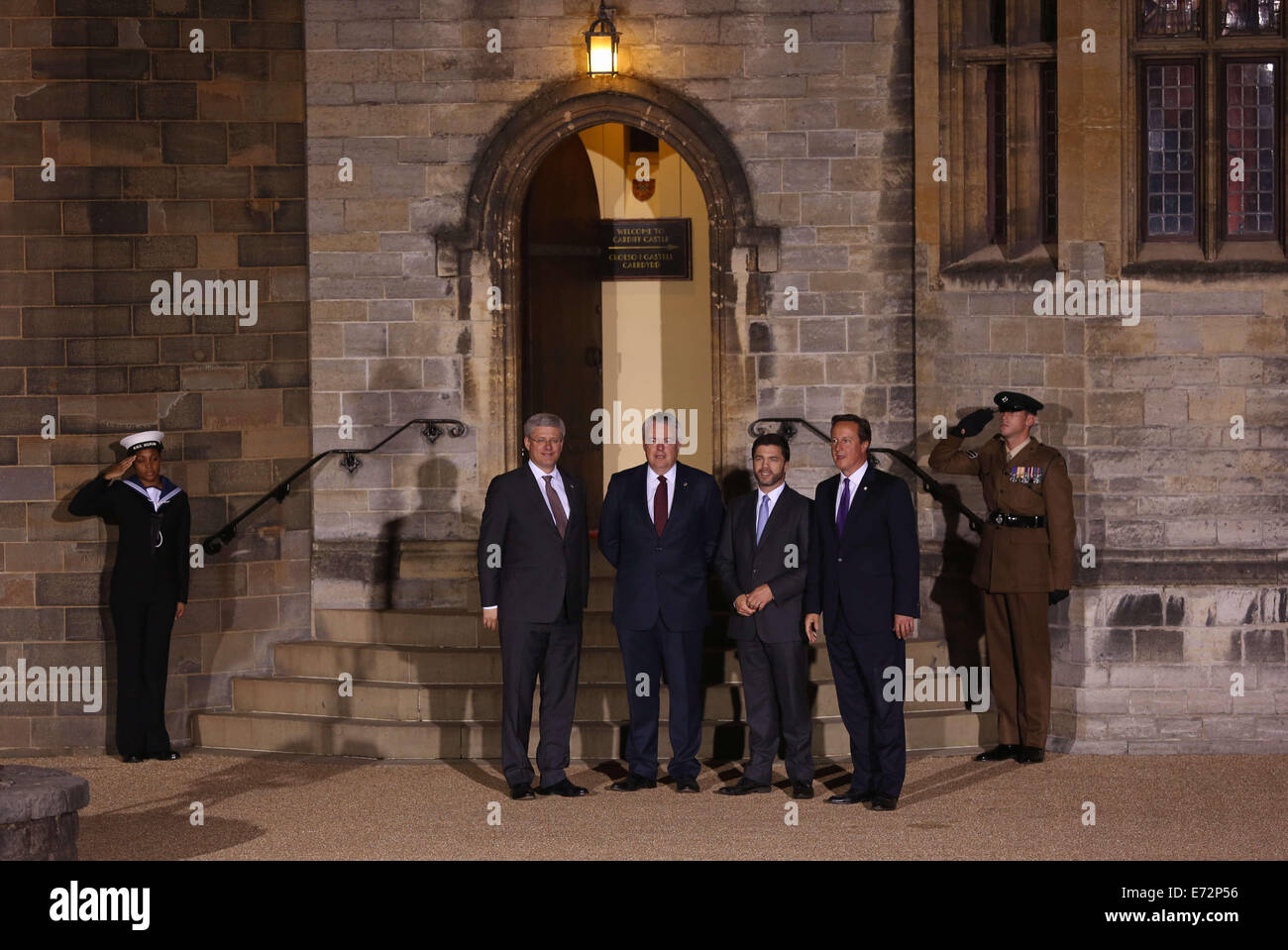 Cardiff UK. Thursday 04 September 2014  Pictured L-R: Canadian Prime Minister Steven Harper, Wales First Minister Carwyn Jones, Secretary for Wales Stephen Crabb and Prime Minister David Cameron outside Cardiff Castle.  Re: Official dinner, Head of Delegations at Cardiff Castle as part of the NATO Summit, south Wales, UK. Stock Photo