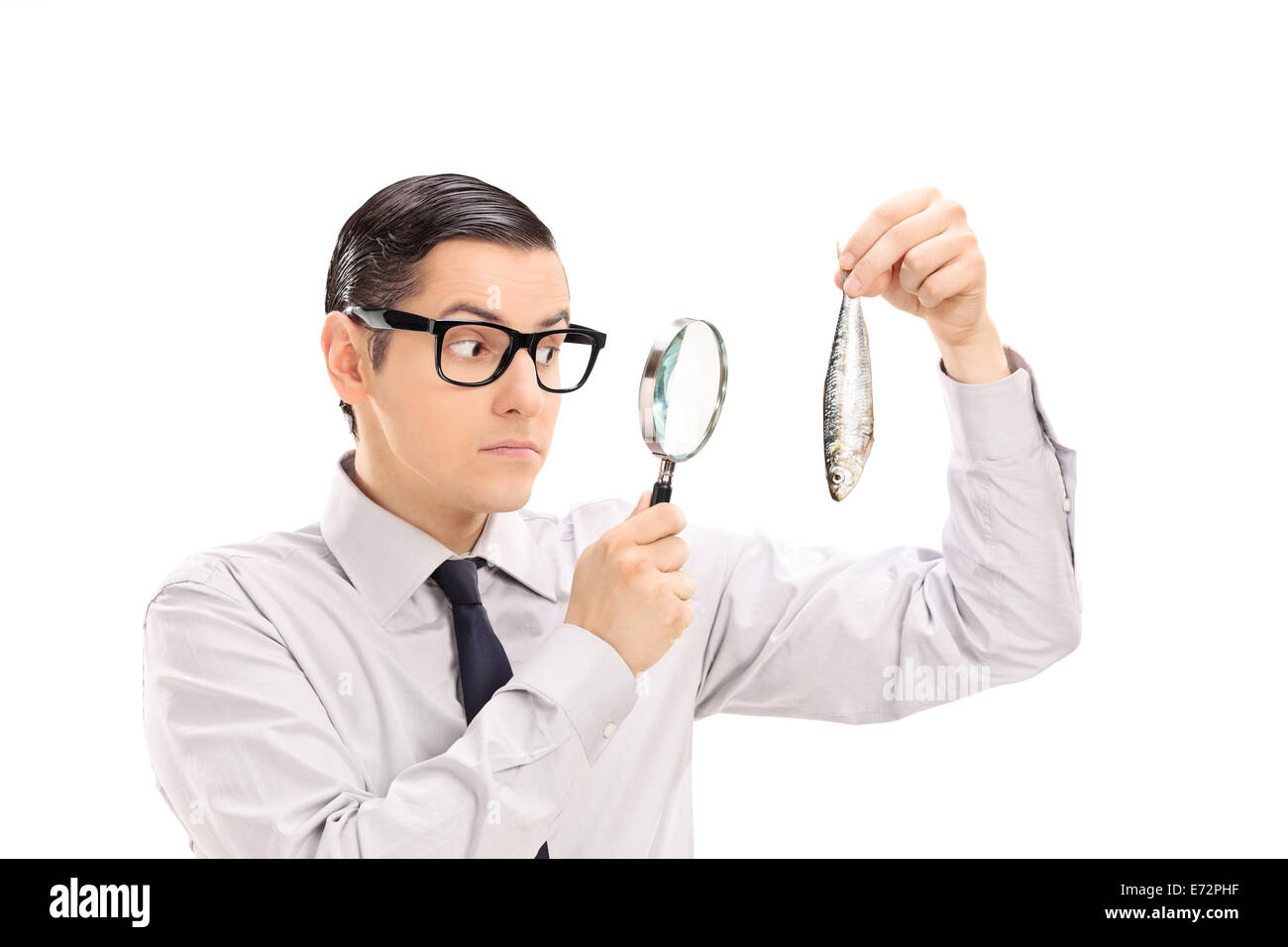 Man examining a fish through a magnifying glass Stock Photo