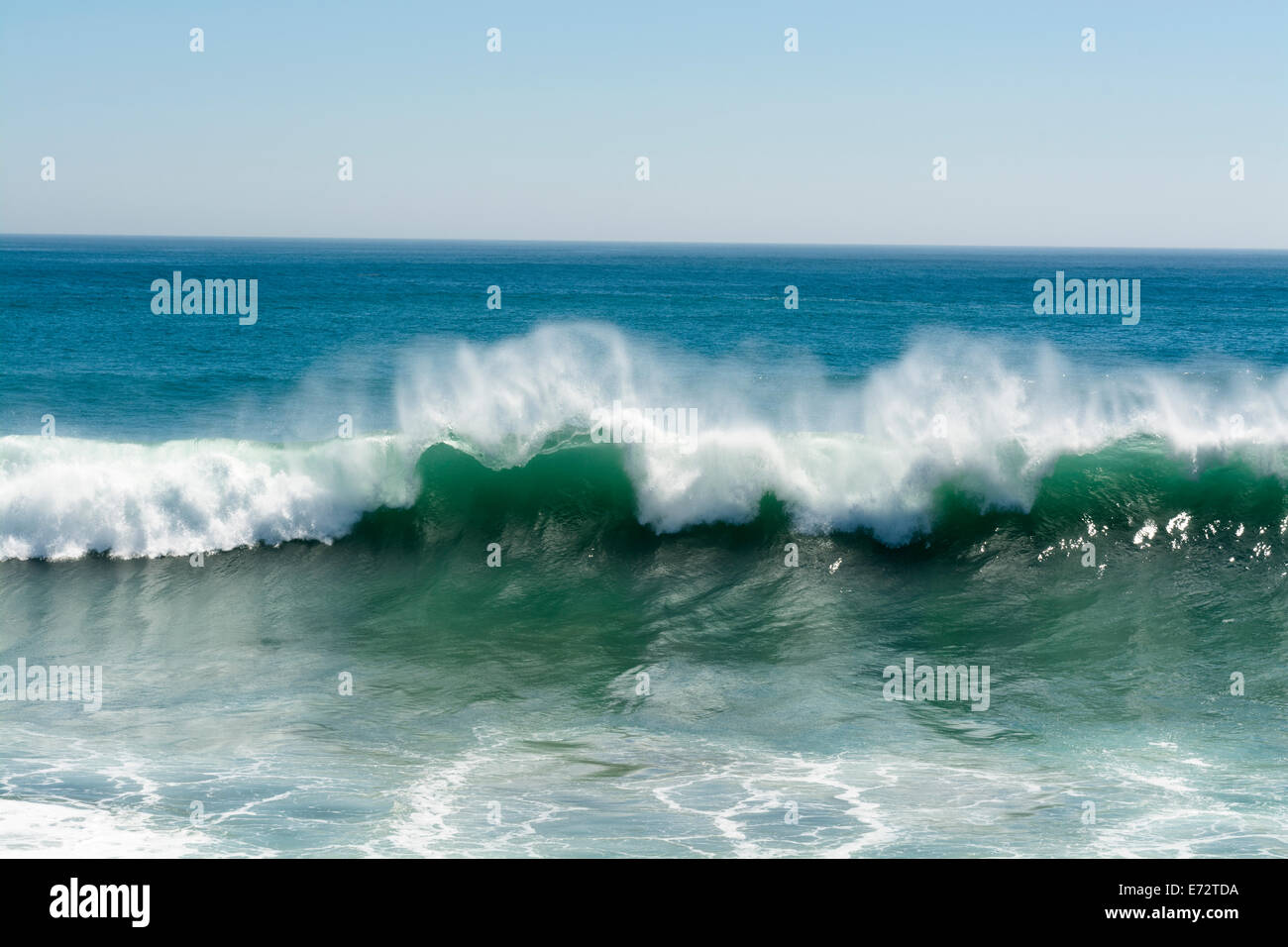 A beautiful and powerful turquoise wave in high winds curls while white spray mist forms and at its crest in Huntington Beach. Stock Photo