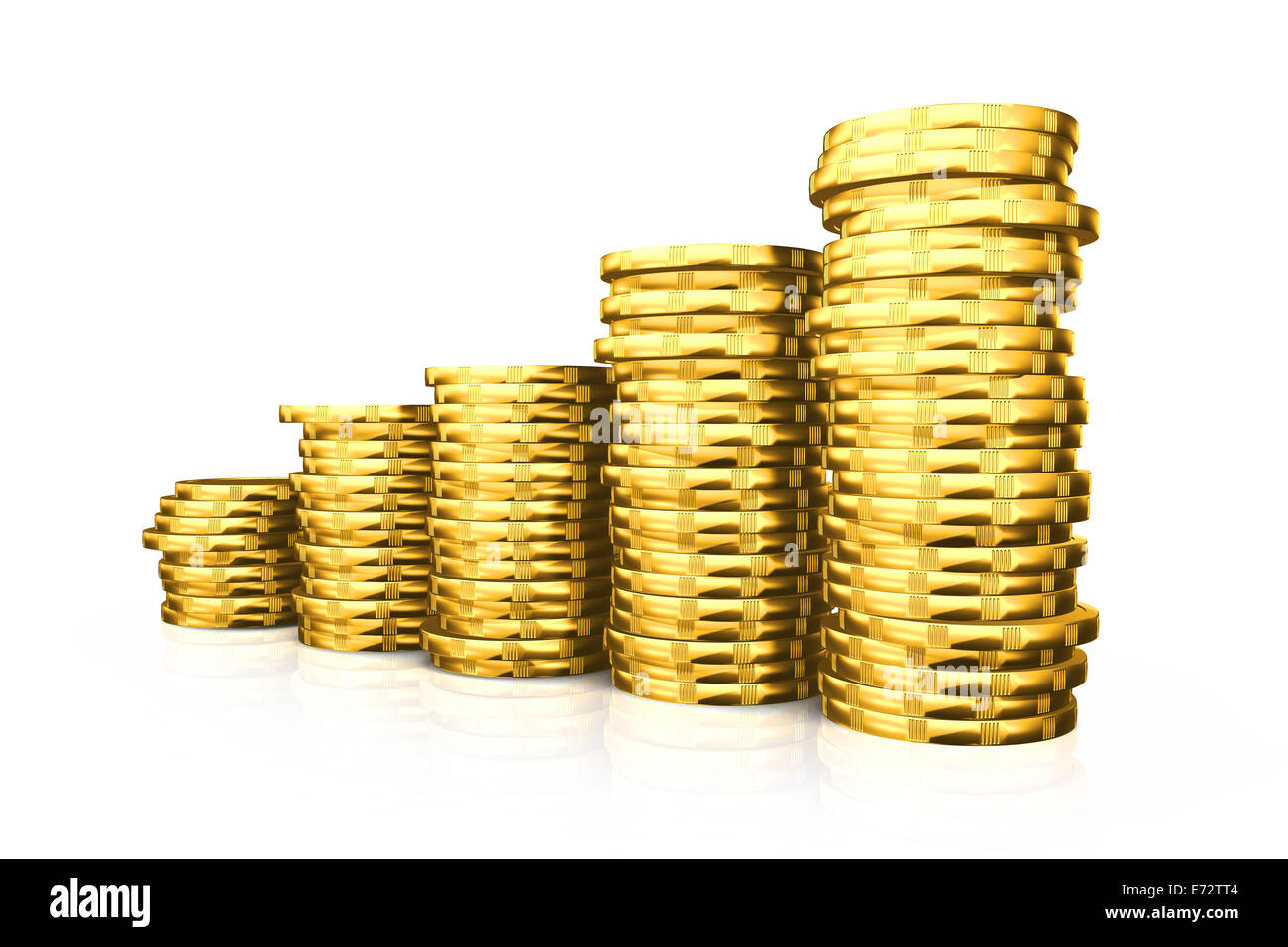 Stack of golden coins isolated on white background with reflection ...