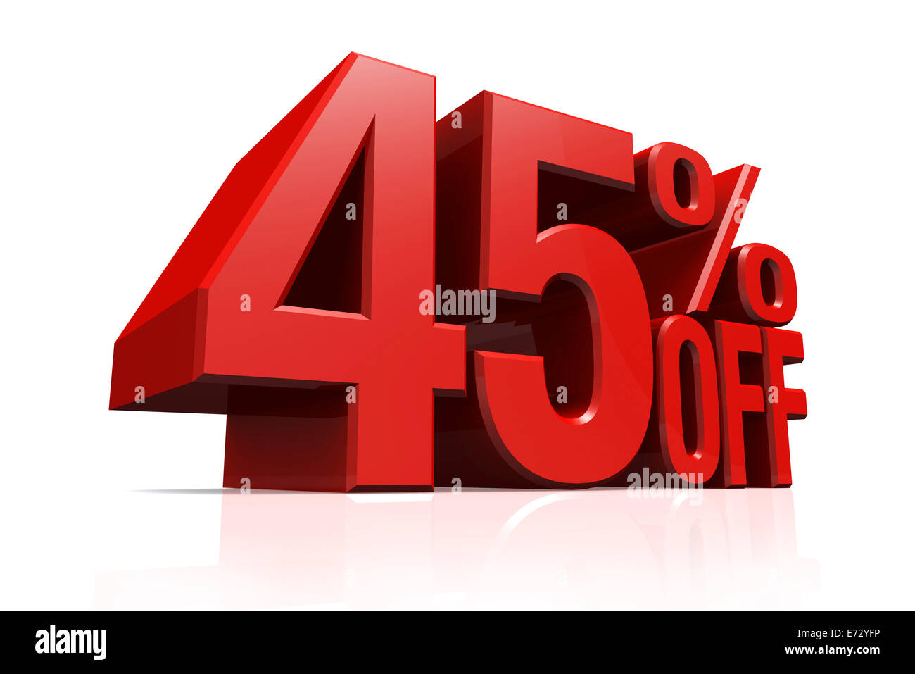 3D render red text 45 percent off on white background with reflection