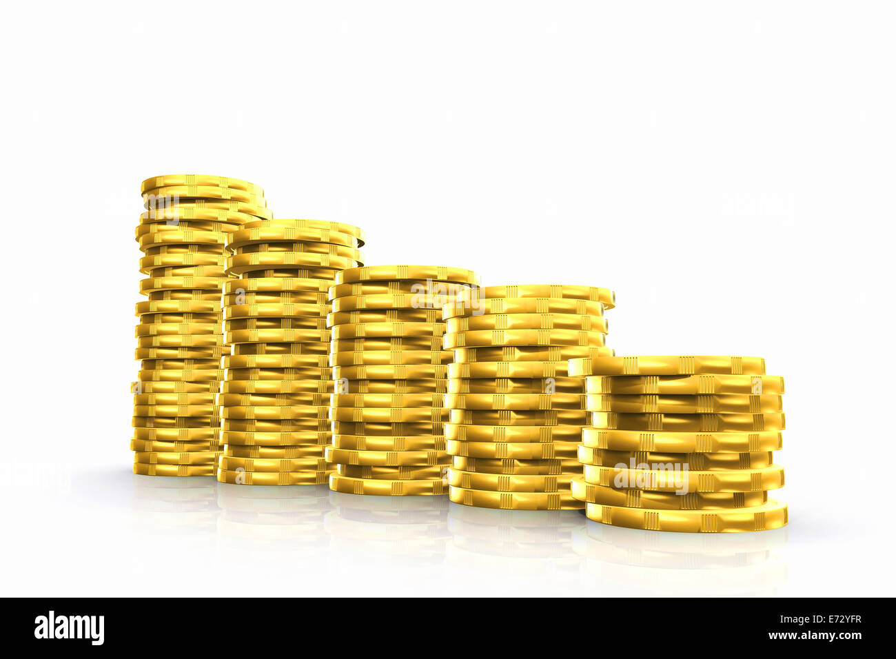 Stack of golden coins isolated on white background with reflection ...