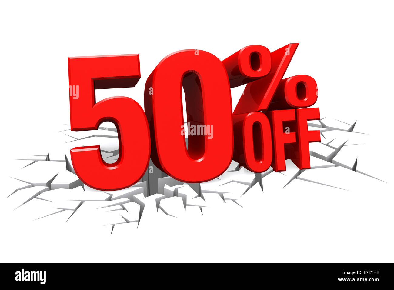 3D render red text 50 percent off on white crack hole background with
