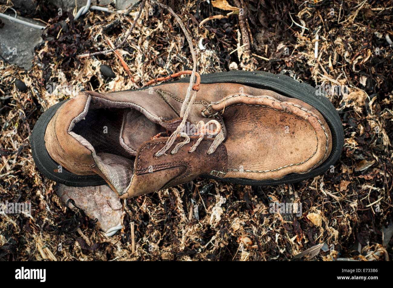 old shoe, boot washed up on the shore after storms UK Stock Photo Alamy