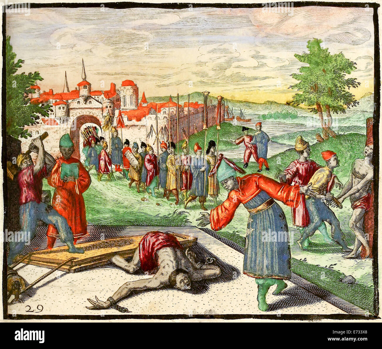 Punishment in China, breaking ankles and feet with a sledge hammer between boards and fingers in vice. Illustration from 'Indiae Orientalis' 1598 by Theodor de Bry (1528-1598). See description for further information. Stock Photo