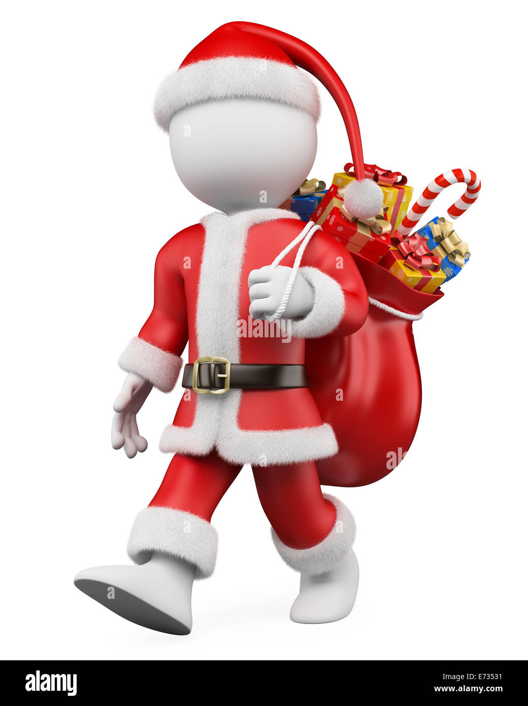 3d white christmas person. Santa Claus walking with a sack full of gifts. 3d image. Isolated white background. Stock Photo