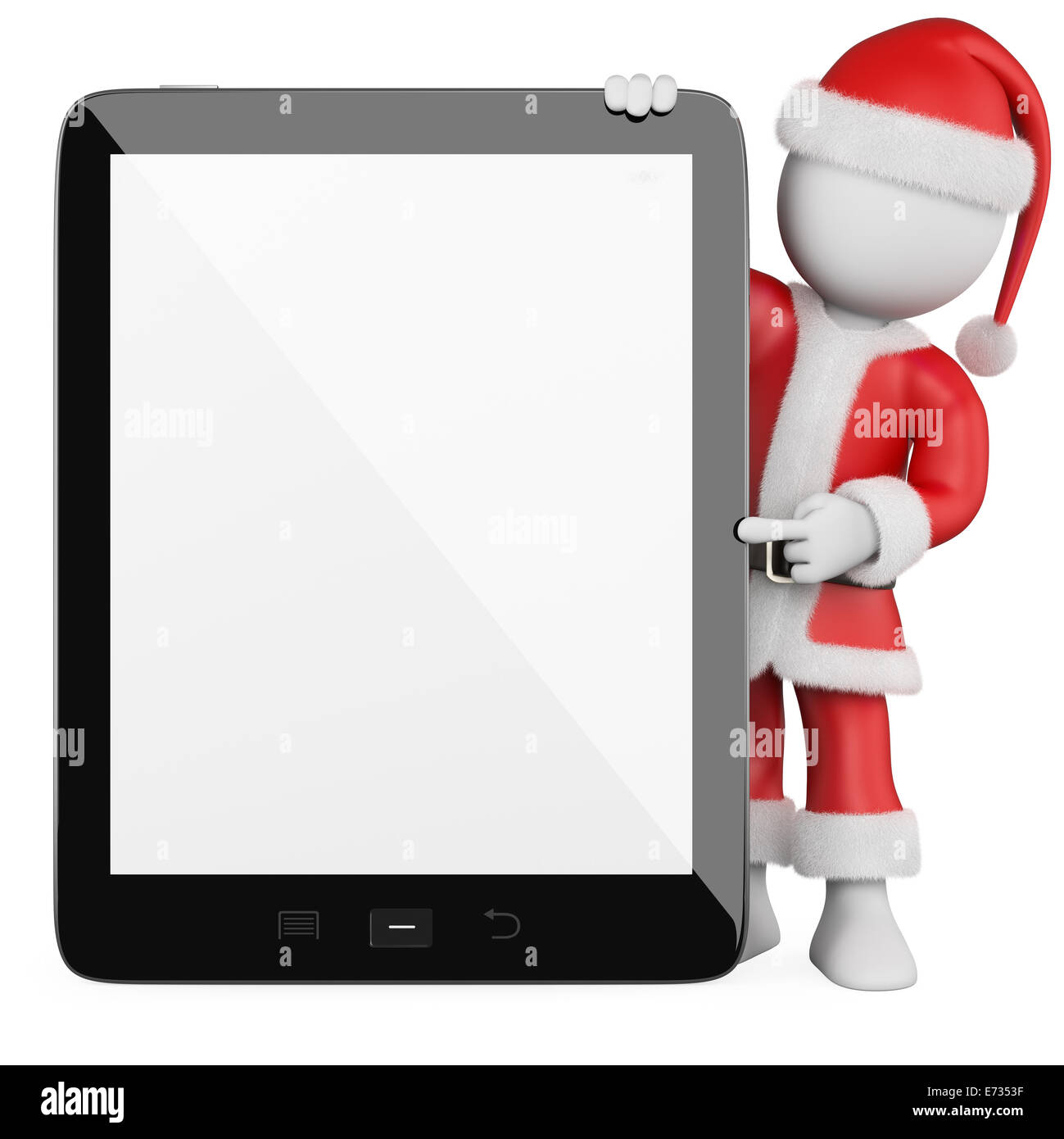 3d white christmas person with a Santa Claus costume and a huge blank tablet computer. 3d image. Isolated white background. Stock Photo
