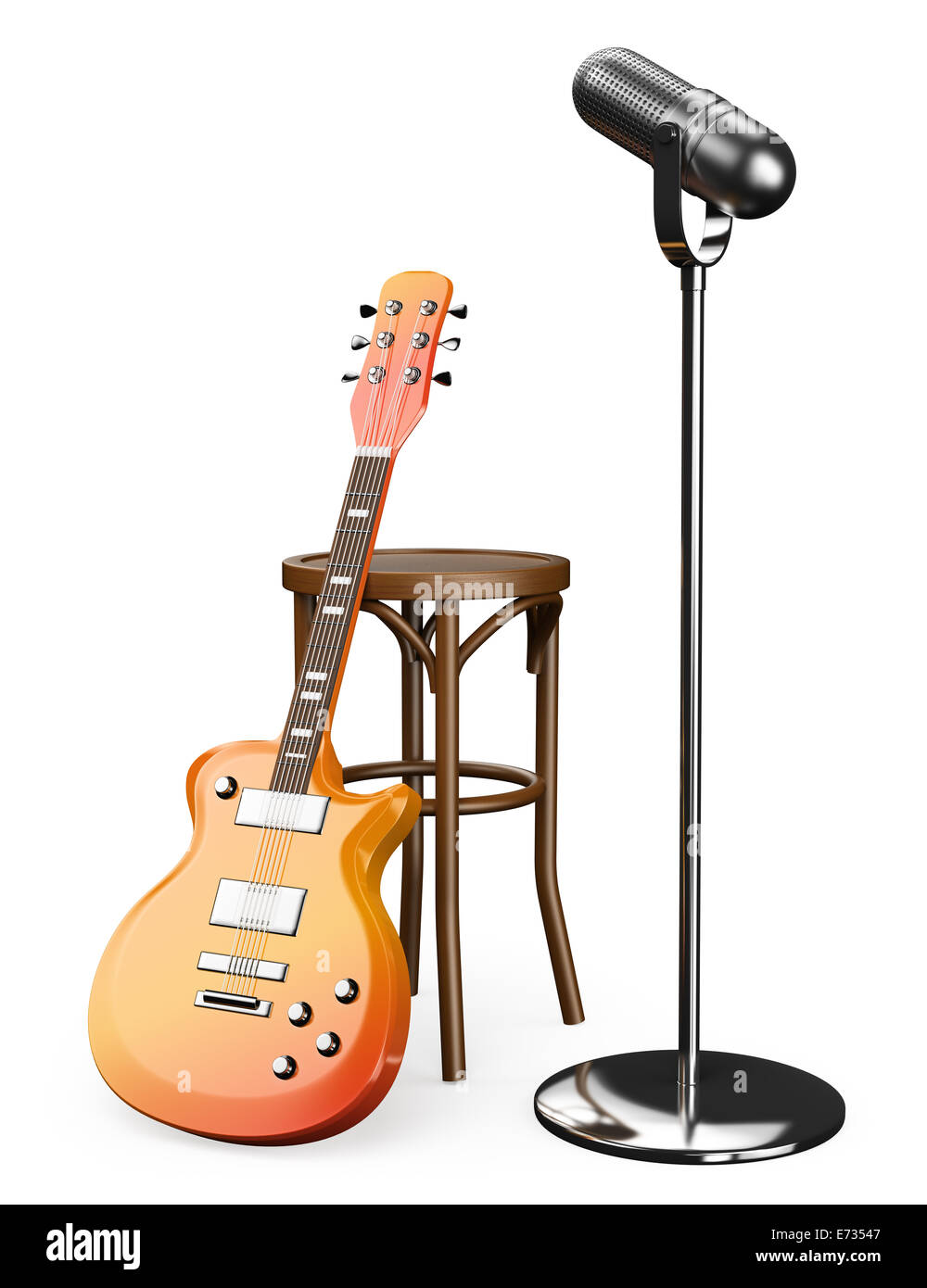 3D Electric guitar stool and microphone. Isolated white background