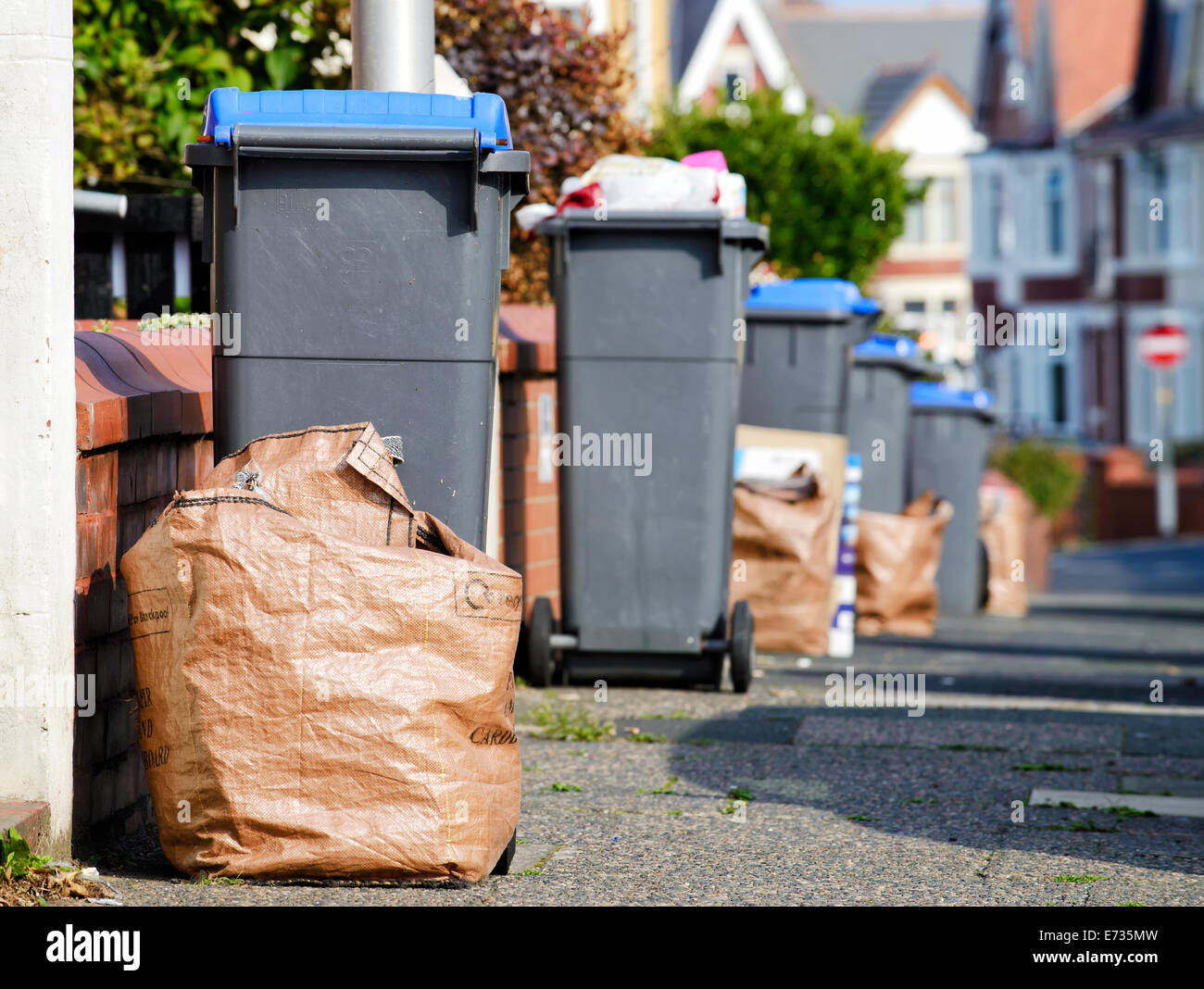 Wheelie bins containing glass and plastics and brown sacks with paper and cardboard, awaiting
