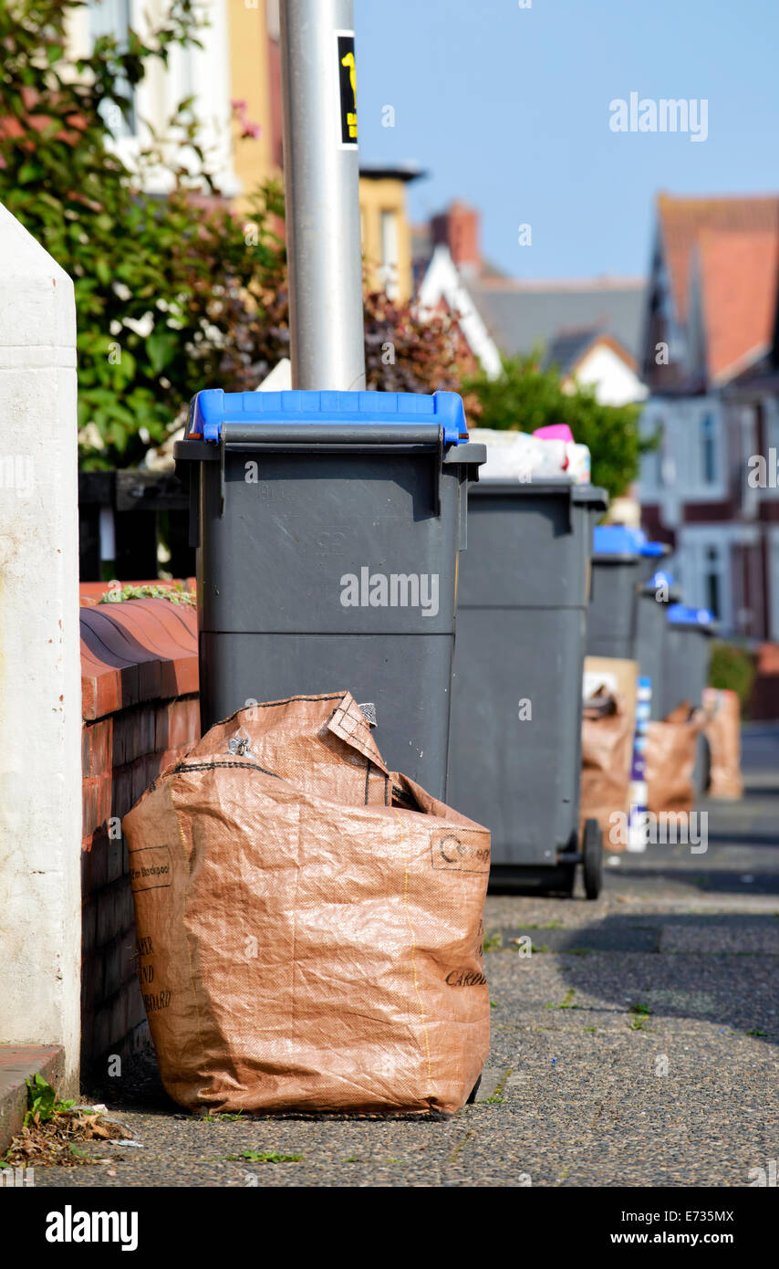 Wheelie bins containing glass and plastics and brown sacks with paper and cardboard, awaiting
