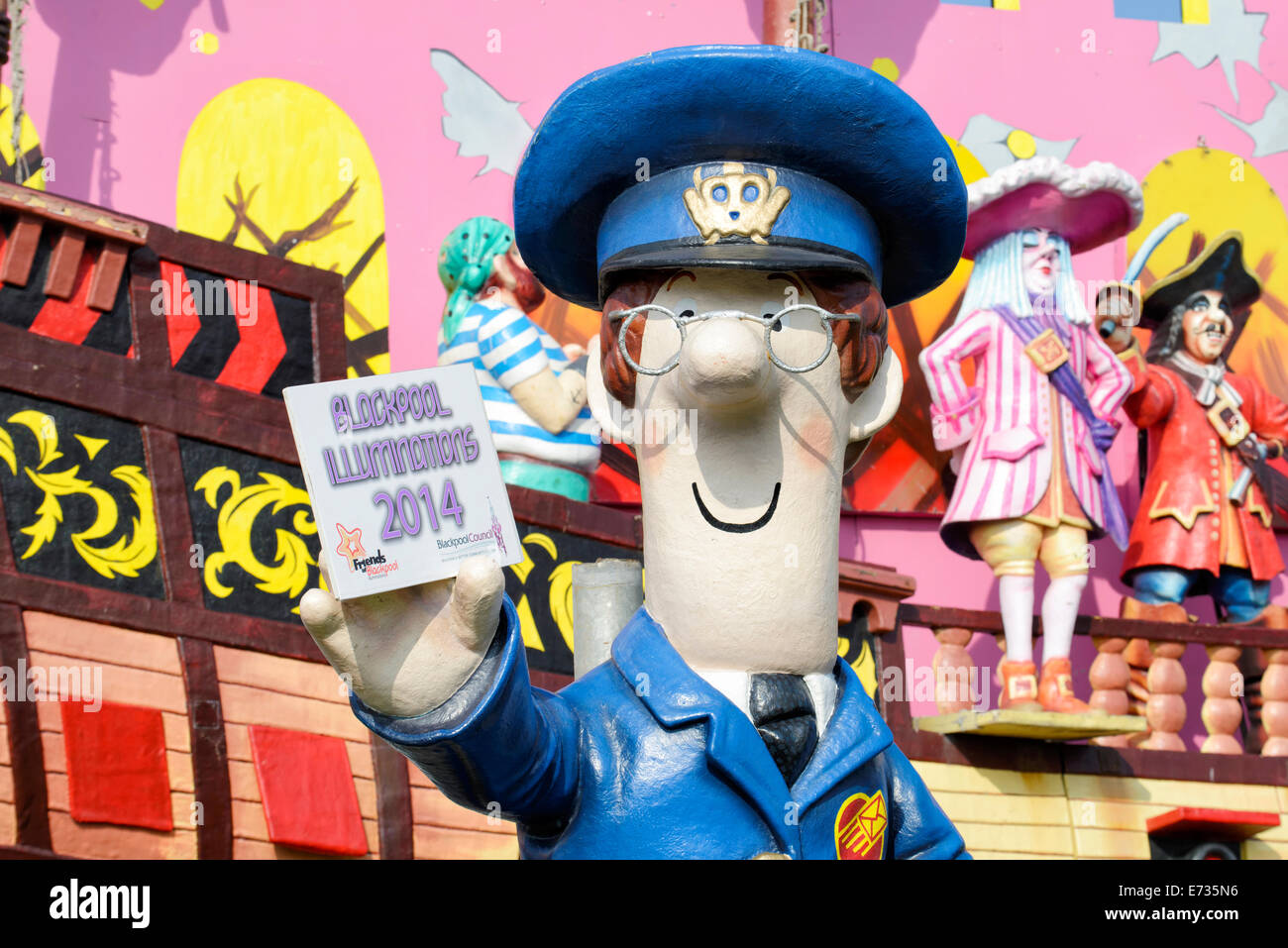 A bigger than lifesized model of Postman Pat forms part of the Blackpool Illuminations static display Stock Photo