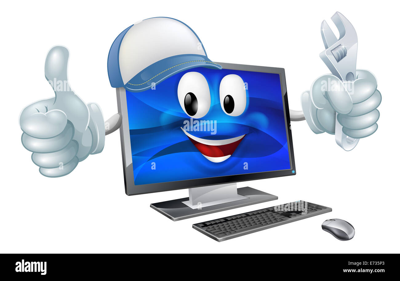 A cartoon computer repair mascot with a cap and spanner doing a thumbs up Stock Photo