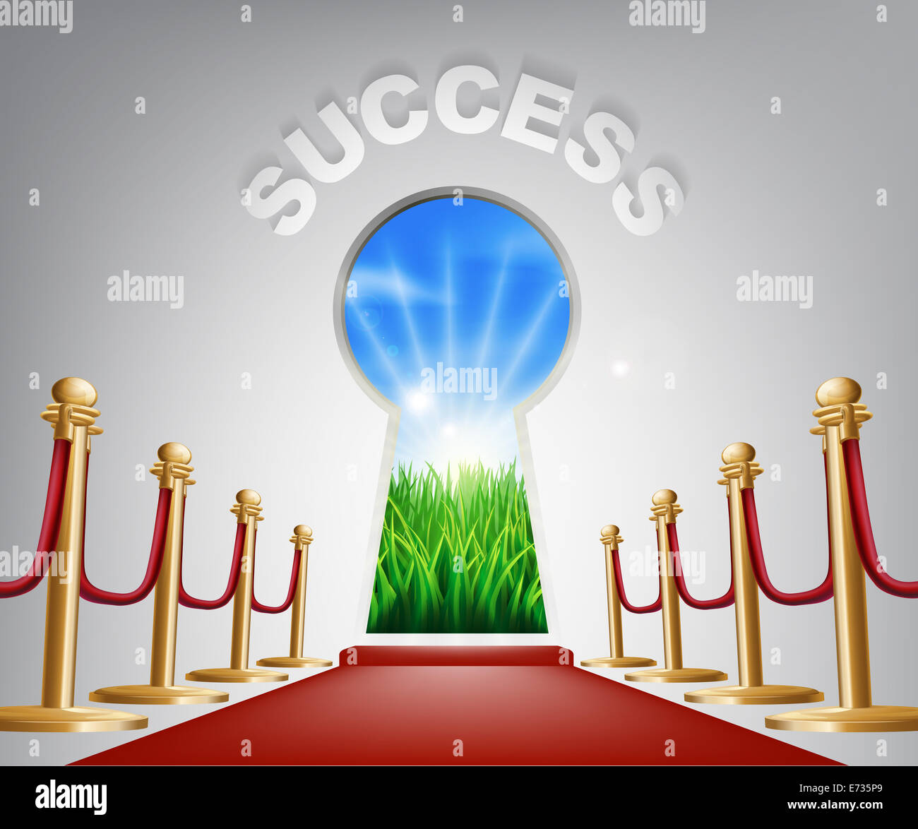 Success Door Keyhole. Concept of a keyhole with a new dawn over verdant landscape and red carpet and ropes leading up to it. Stock Photo