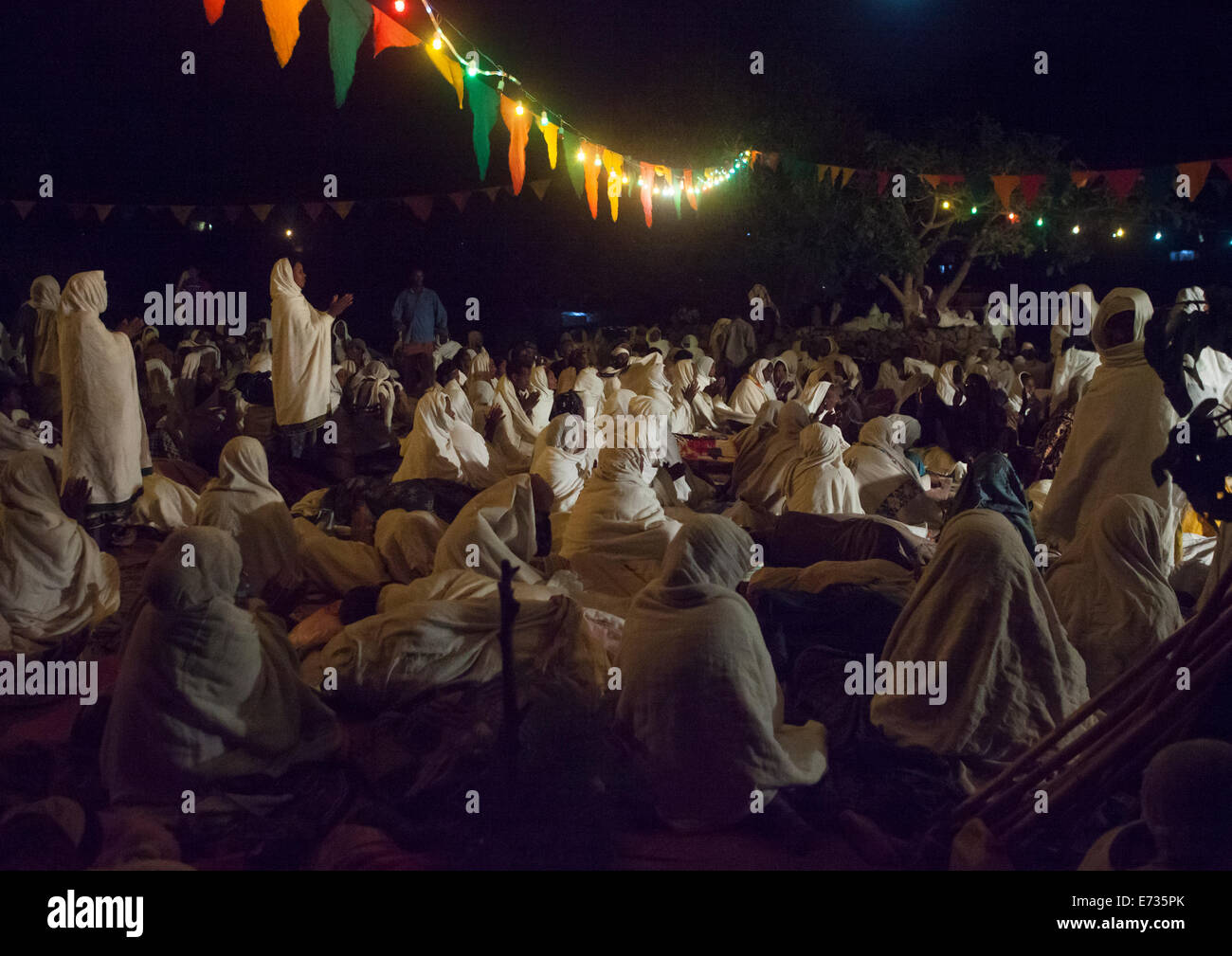 Orthodox Pilgrims At Timkat Festival During Nightime, Lalibela, Ethiopia Stock Photo
