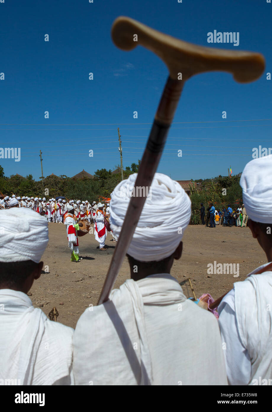 Ethiopian Orthodox Priests Celebrating The Colorful Timkat Epiphany Festival, Lalibela, Ethiopia Stock Photo