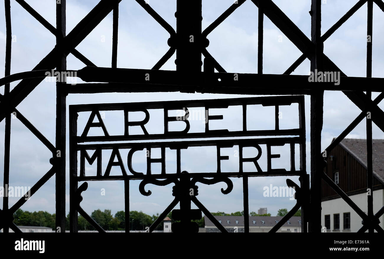 Entrance Gate Dachau Concentration Camp, Munich, Bavaria, Germany Stock Photo