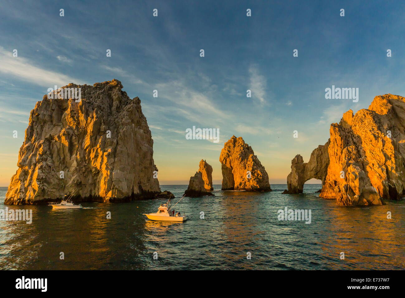 Sunrise with fishing boats at Land's End, Cabo San Lucas, Baja California Sur, Gulf of California, Mexico, North America Stock Photo