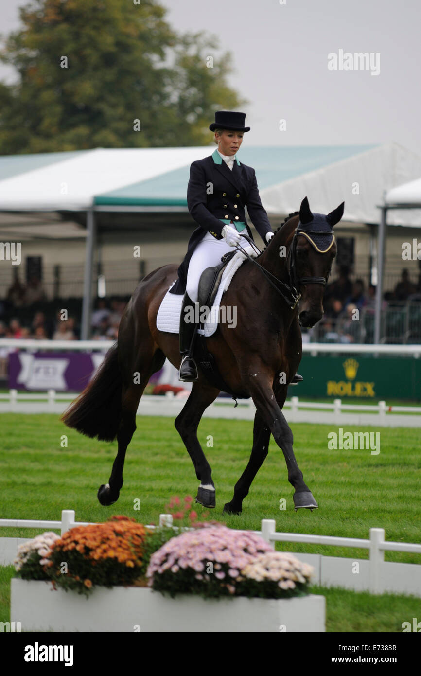 Burghley House, Stamford, Lincolnshire, UK. 4th September, 2014. Corel Keen riding Wellshead Fare opposition during the Dressage phase of the 2014 Land Rover Burghley Horse Trials held at Burghley House, Stamford, Lincolnshire Credit:  Jonathan Clarke/Alamy Live News Stock Photo